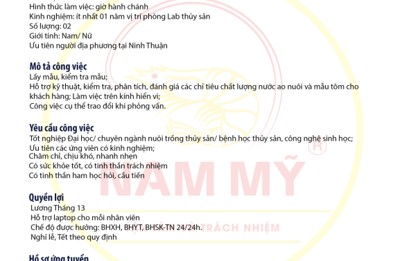 NAM MỸ TUYỂN DỤNG NHÂN VIÊN PHÒNG LAB, GIỜ HÀNH CHÁNH