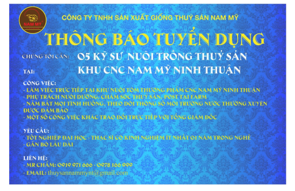 CHÚNG TÔI CẦN 05 KỸ SƯ NUÔI TRỒNG THUỶ SẢN