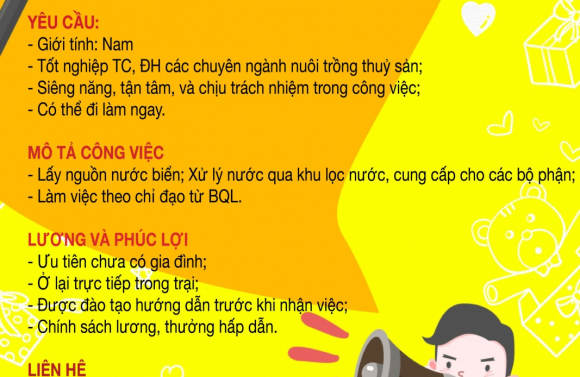 TUYỂN DỤNG NHÂN VIÊN BP XỬ LÝ NƯỚC THUỶ SẢN TẠI QUẢNG NAM